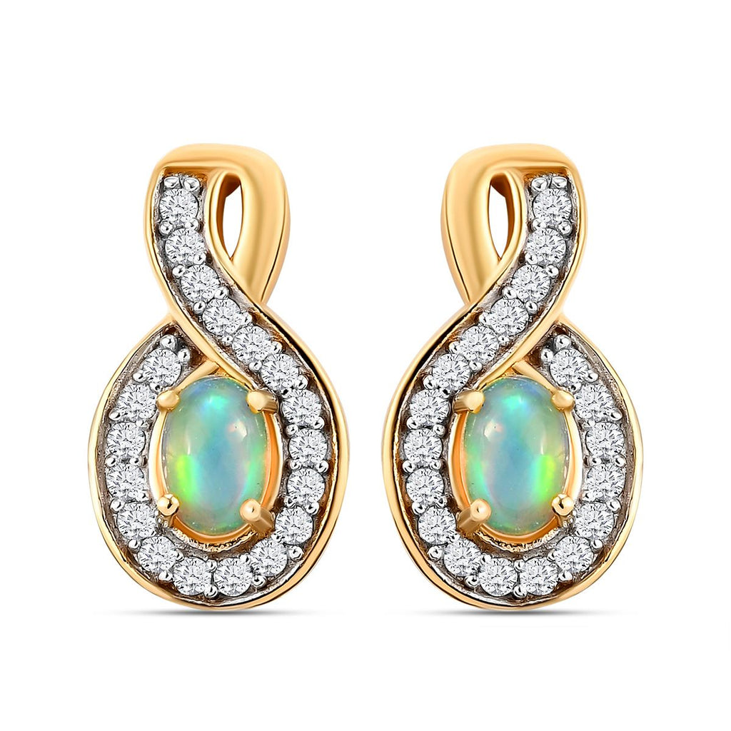 Natürlicher Äthiopischer Opal, Weißer Zirkon Ohrringe 925 Silber vergoldet ca. 1,38 ct