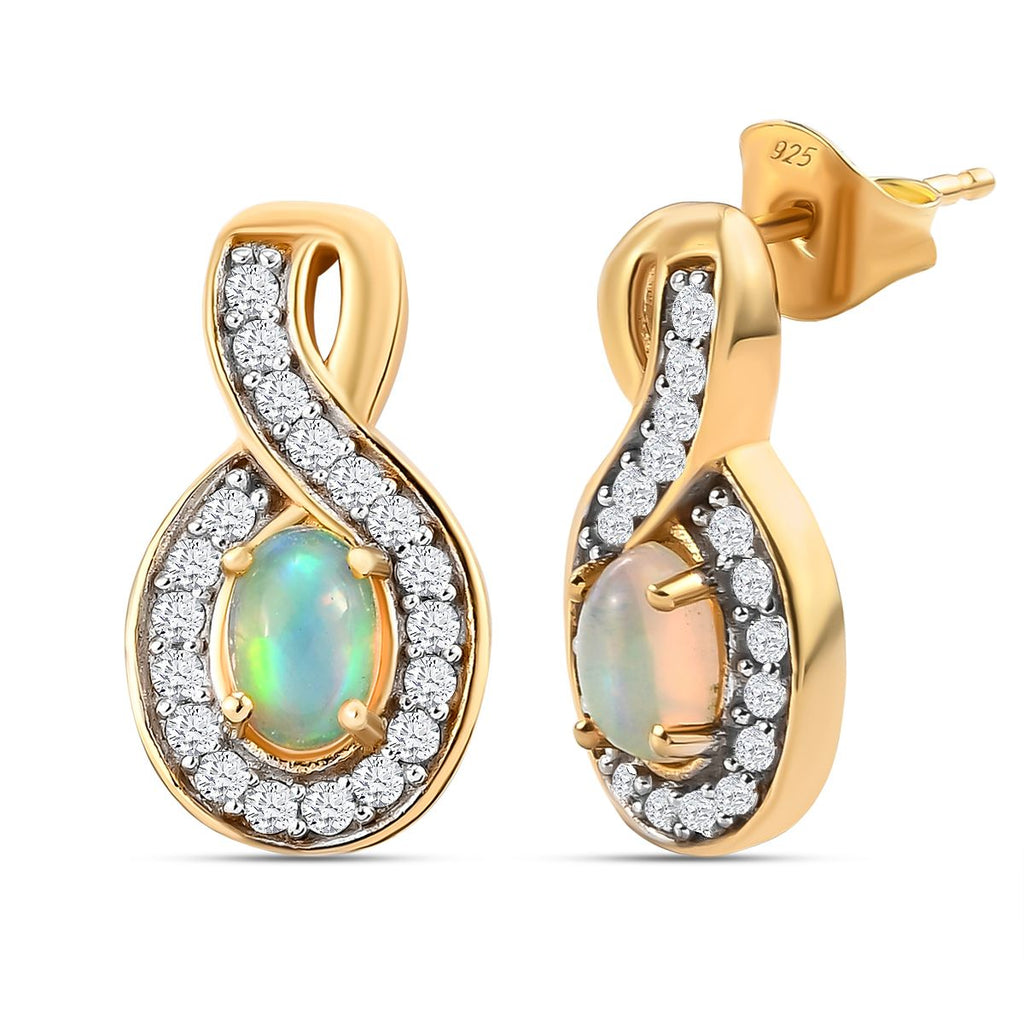 Natürlicher Äthiopischer Opal, Weißer Zirkon Ohrringe 925 Silber vergoldet ca. 1,38 ct
