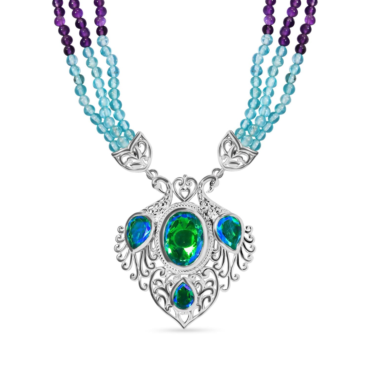 Pfau Quarz Triplette, mehrfarbige Edelstein Halskette, ca. 45 cm 925 Silber ca. 105.70 ct
