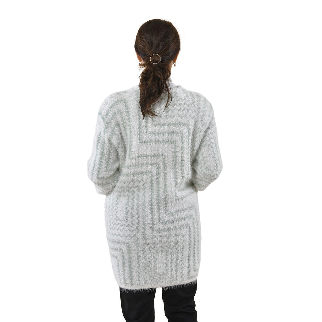 Kuschelig weicher und langer Cardigan mit Taschen, One Size, Geometrisches Muster, grün