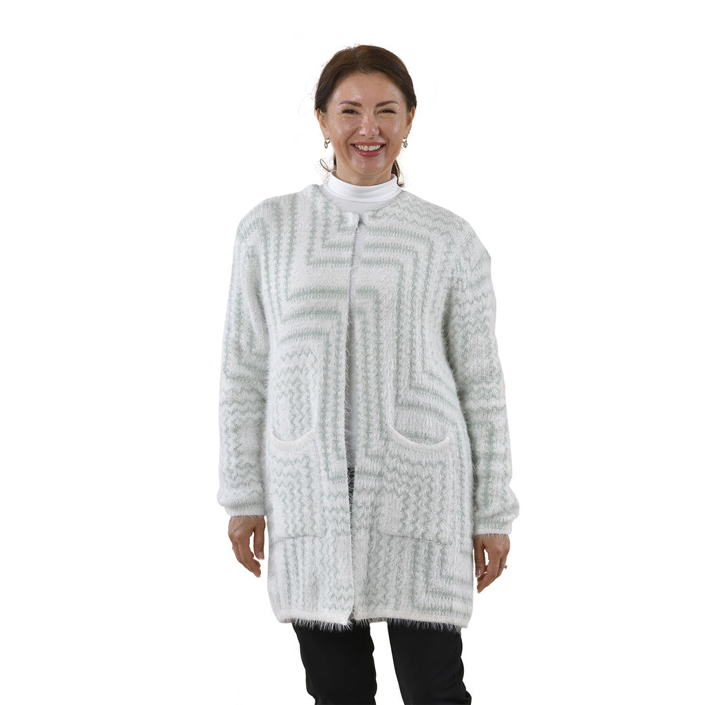 Kuschelig weicher und langer Cardigan mit Taschen, One Size, Geometrisches Muster, grün