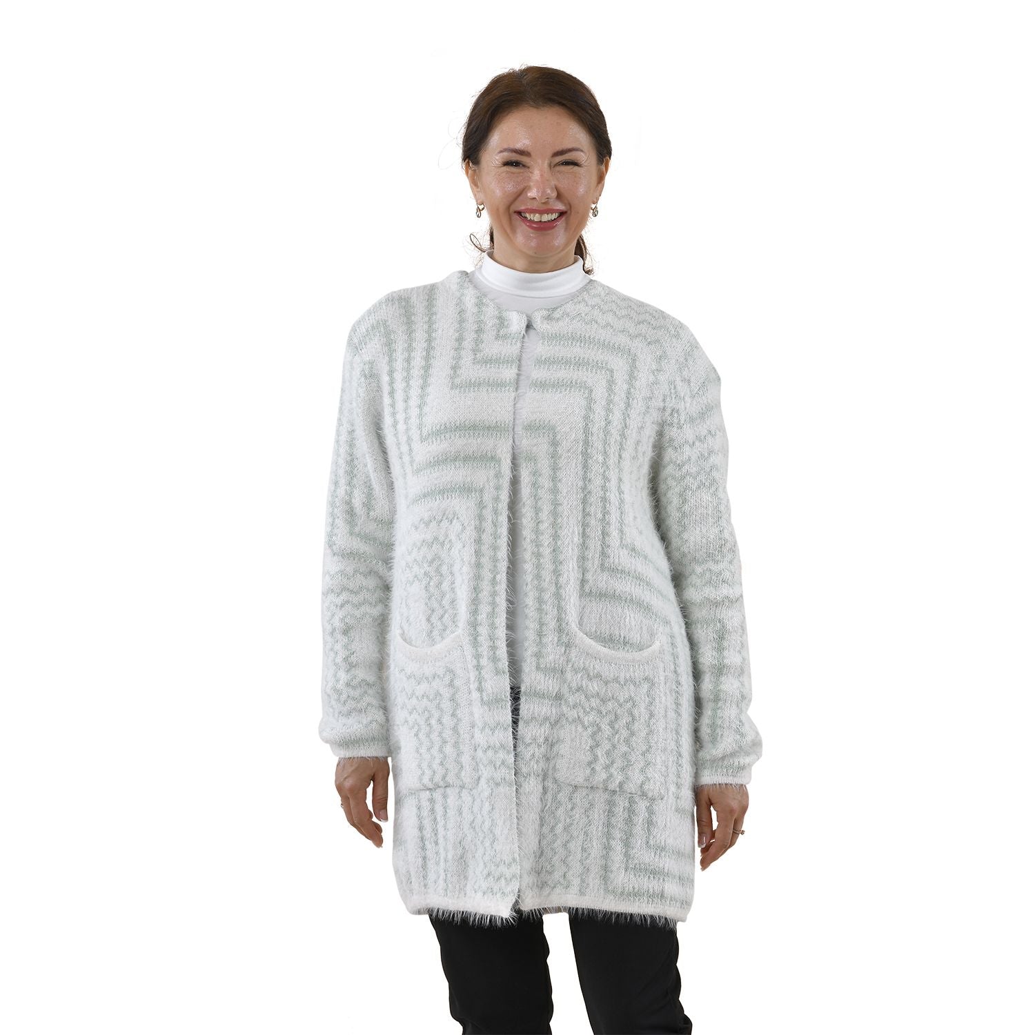 Kuschelig weicher und langer Cardigan mit Taschen, One Size, Geometrisches Muster, grün