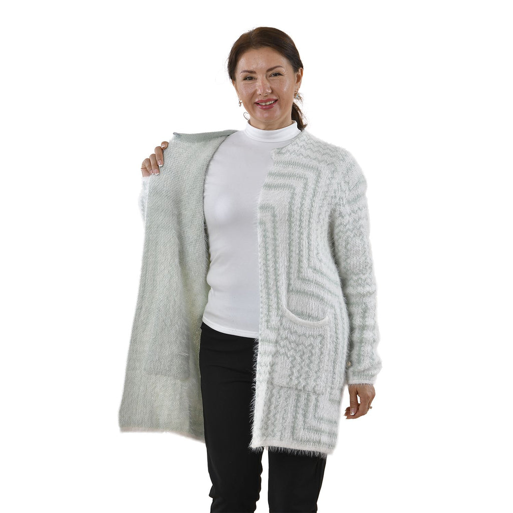 Kuschelig weicher und langer Cardigan mit Taschen, One Size, Geometrisches Muster, grün