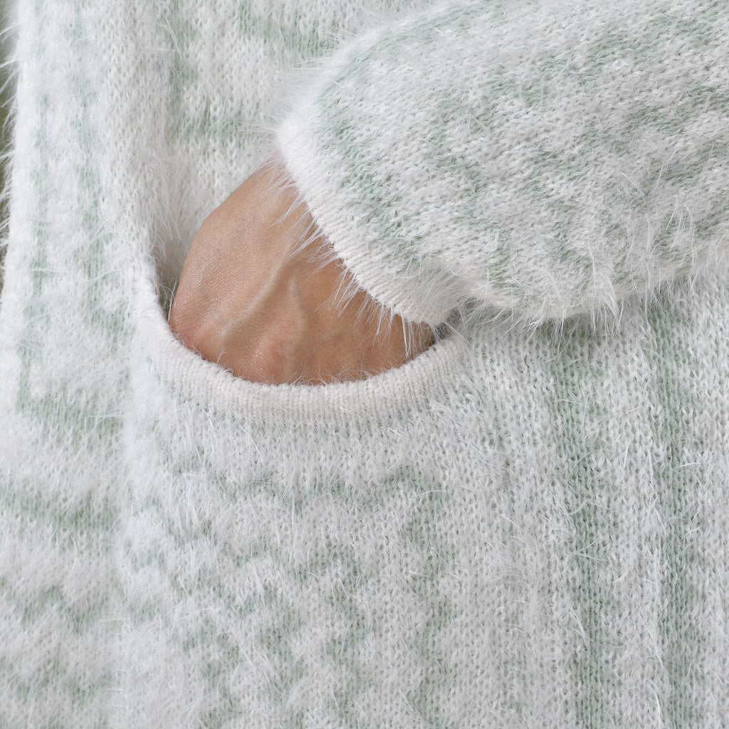 Kuschelig weicher und langer Cardigan mit Taschen, One Size, Geometrisches Muster, grün