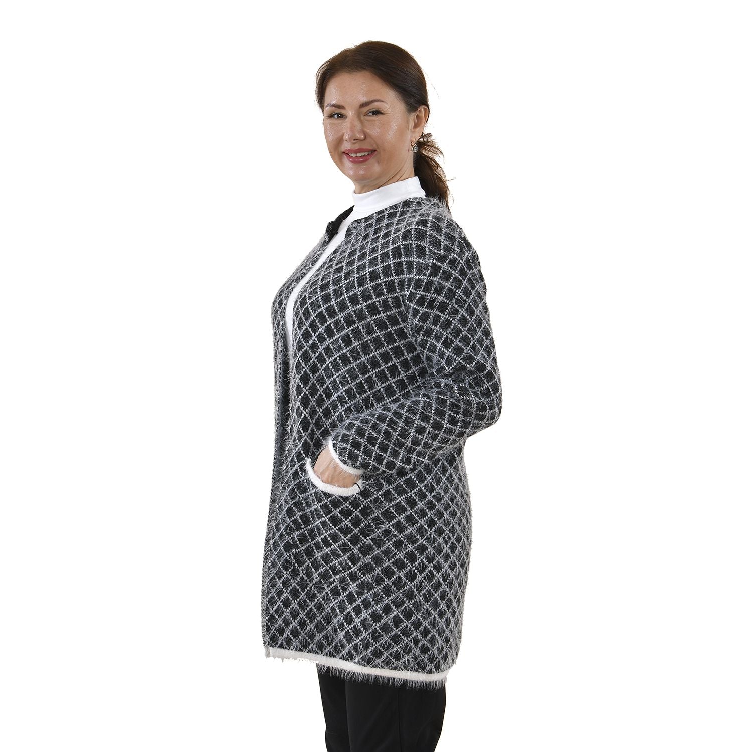 Kuschelig weicher und langer Cardigan mit Taschen, One Size, Karomuster