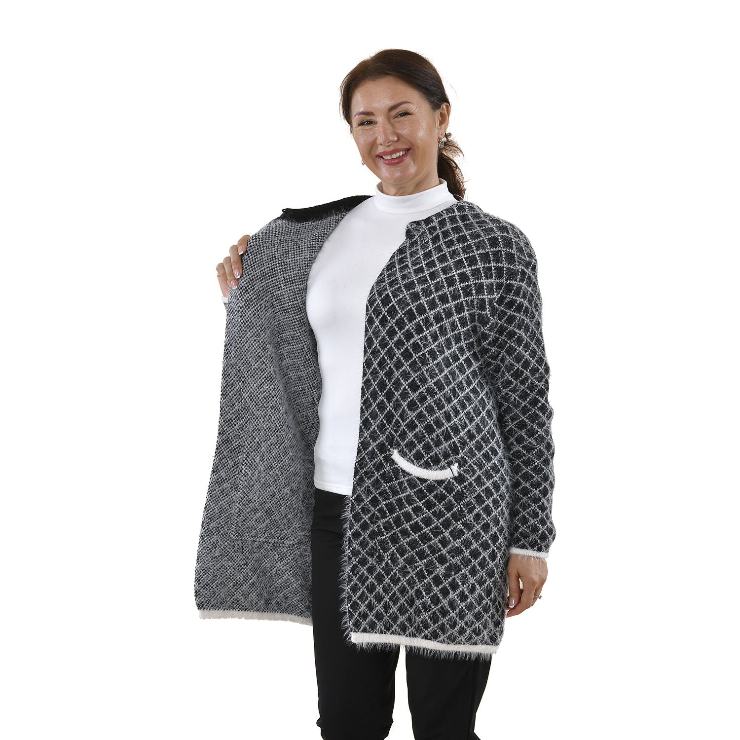 Kuschelig weicher und langer Cardigan mit Taschen, One Size, Karomuster