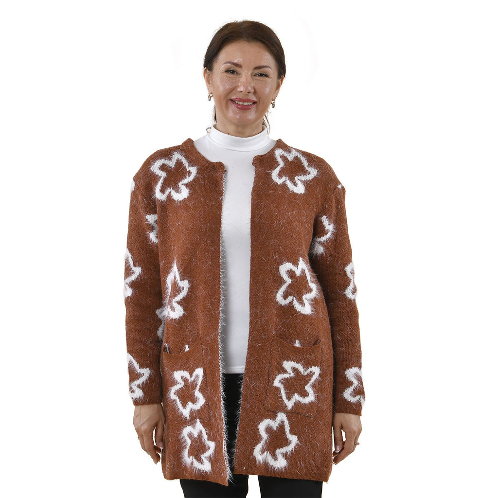Kuschelig weicher und langer Cardigan mit Taschen, One Size, Blumenmuster, braun