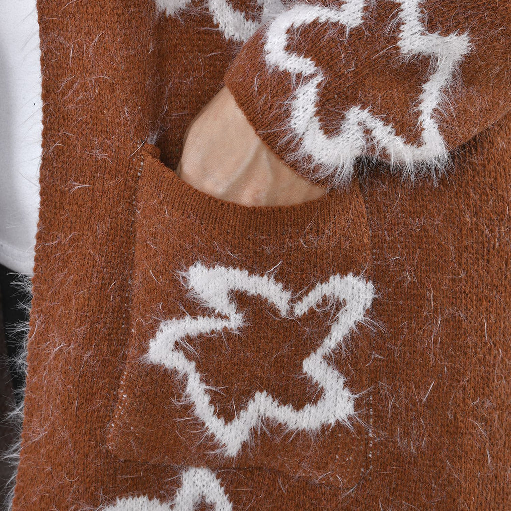 Kuschelig weicher und langer Cardigan mit Taschen, One Size, Blumenmuster, braun
