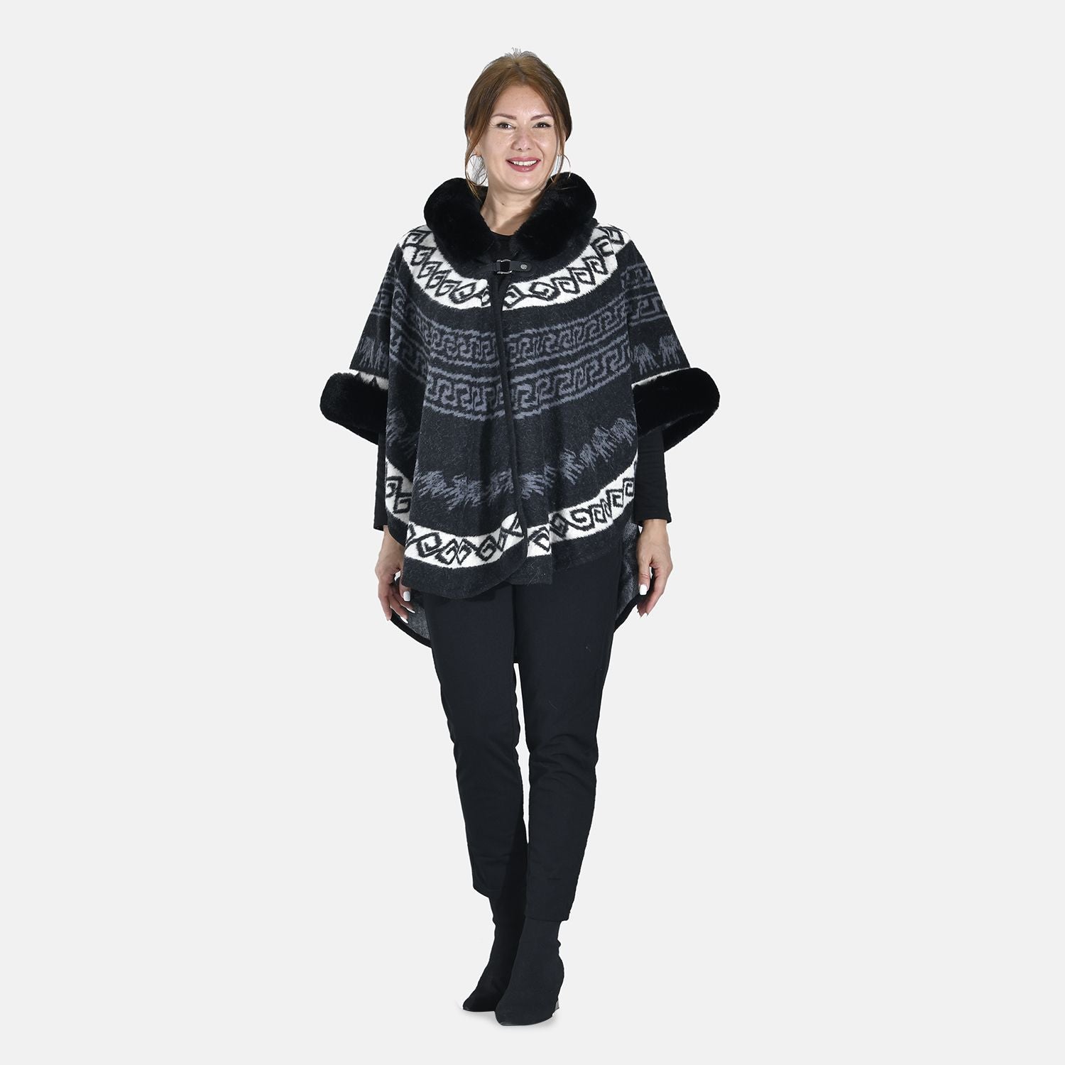 Halbmondförmiger Kapuzenponcho mit Druckknopfverschluss aus Kunstpelz, One Size, 80x109.22cm, Schwarz