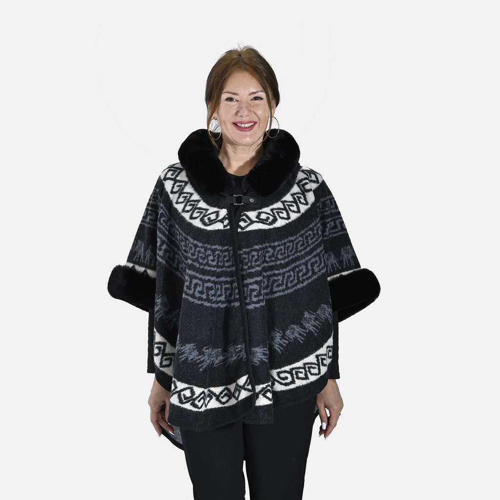Halbmondförmiger Kapuzenponcho mit Druckknopfverschluss aus Kunstpelz, One Size, 80x109.22cm, Schwarz