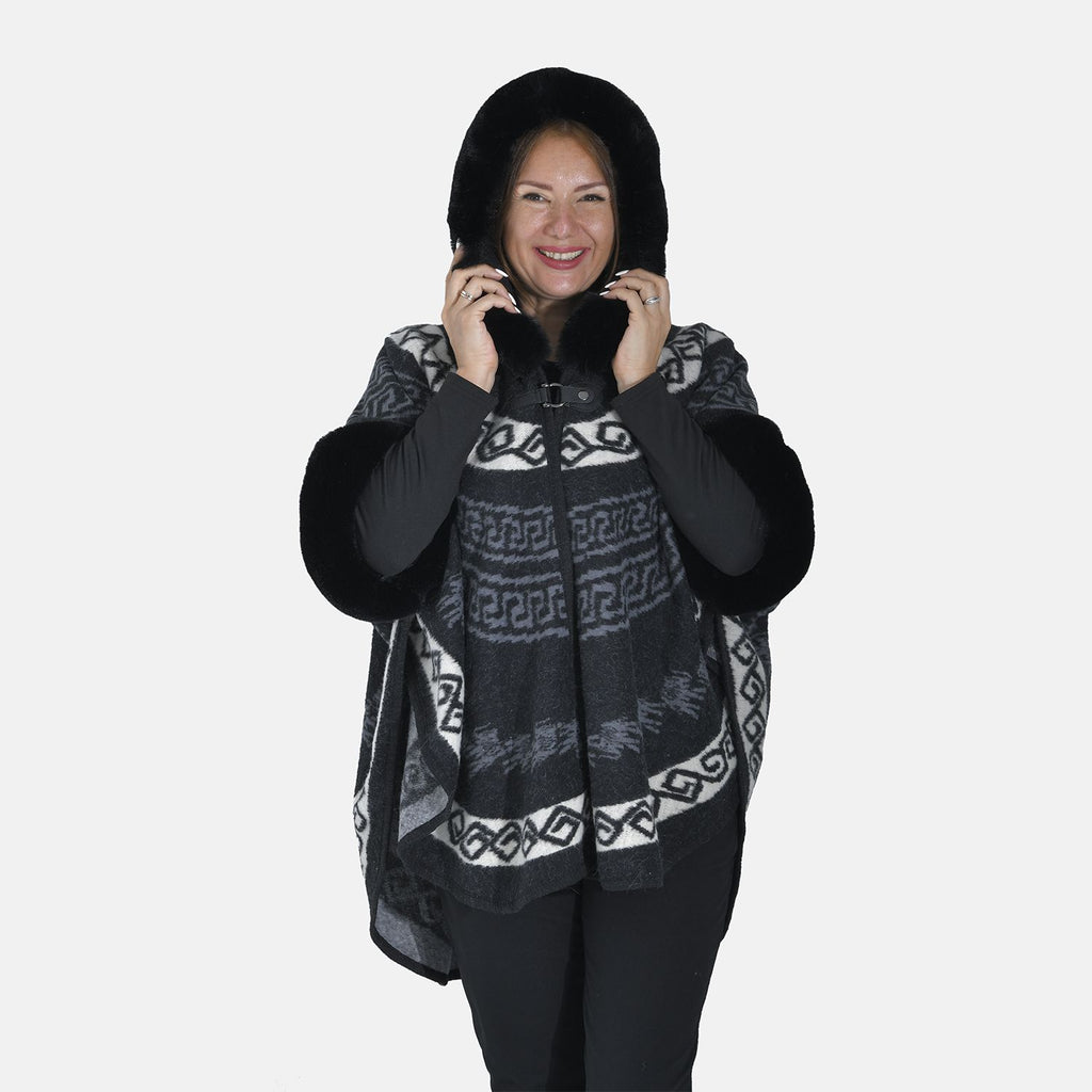 Halbmondförmiger Kapuzenponcho mit Druckknopfverschluss aus Kunstpelz, One Size, 80x109.22cm, Schwarz