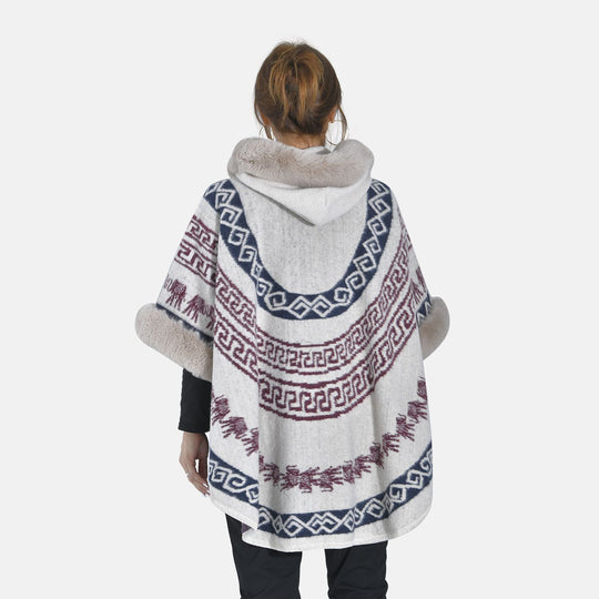 LA MAREY - Kunstfell Poncho mit Kapuze, One Size, 80x110cm, Weiß