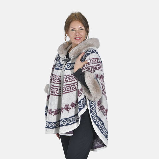 LA MAREY - Kunstfell Poncho mit Kapuze, One Size, 80x110cm, Weiß