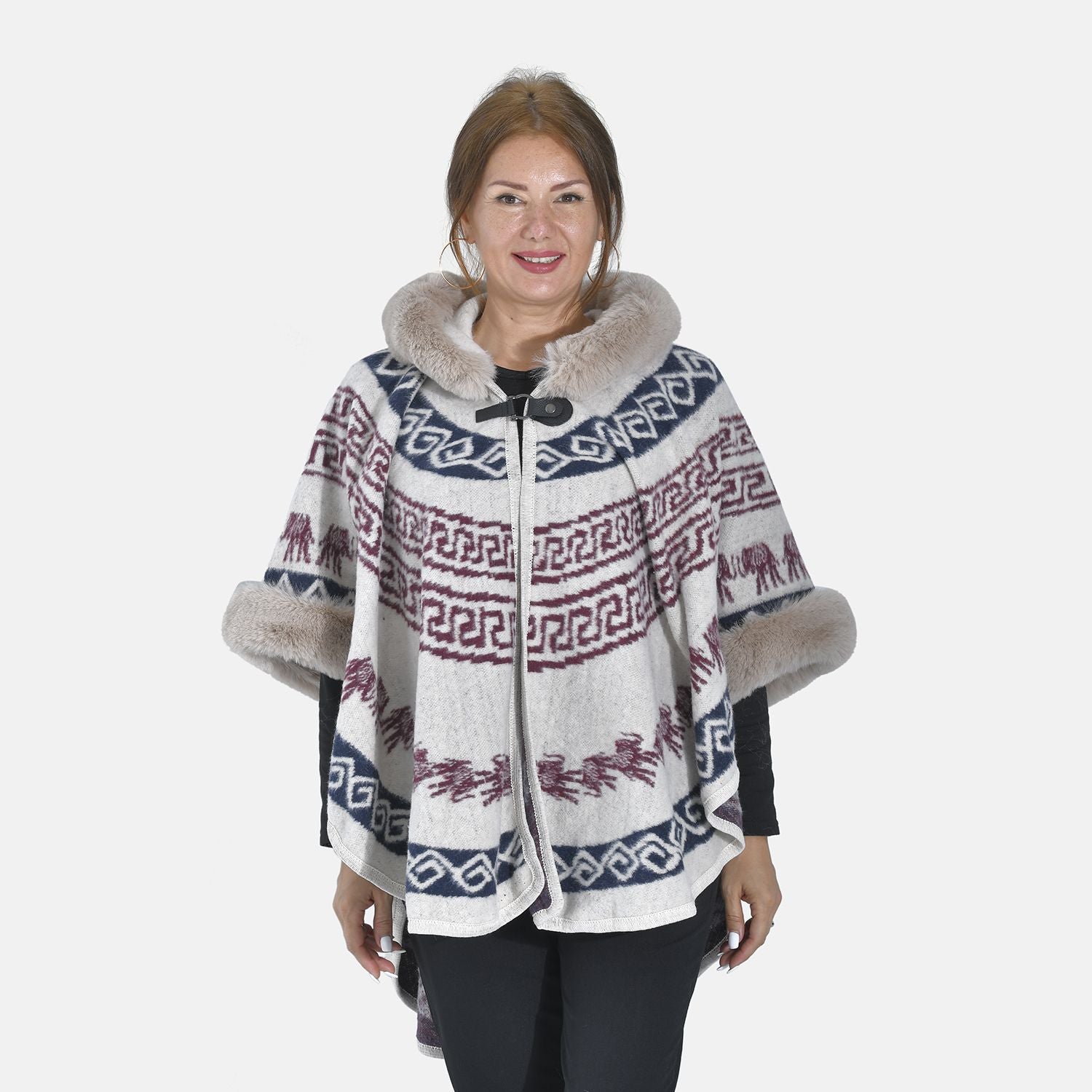 LA MAREY - Kunstfell Poncho mit Kapuze, One Size, 80x110cm, Weiß