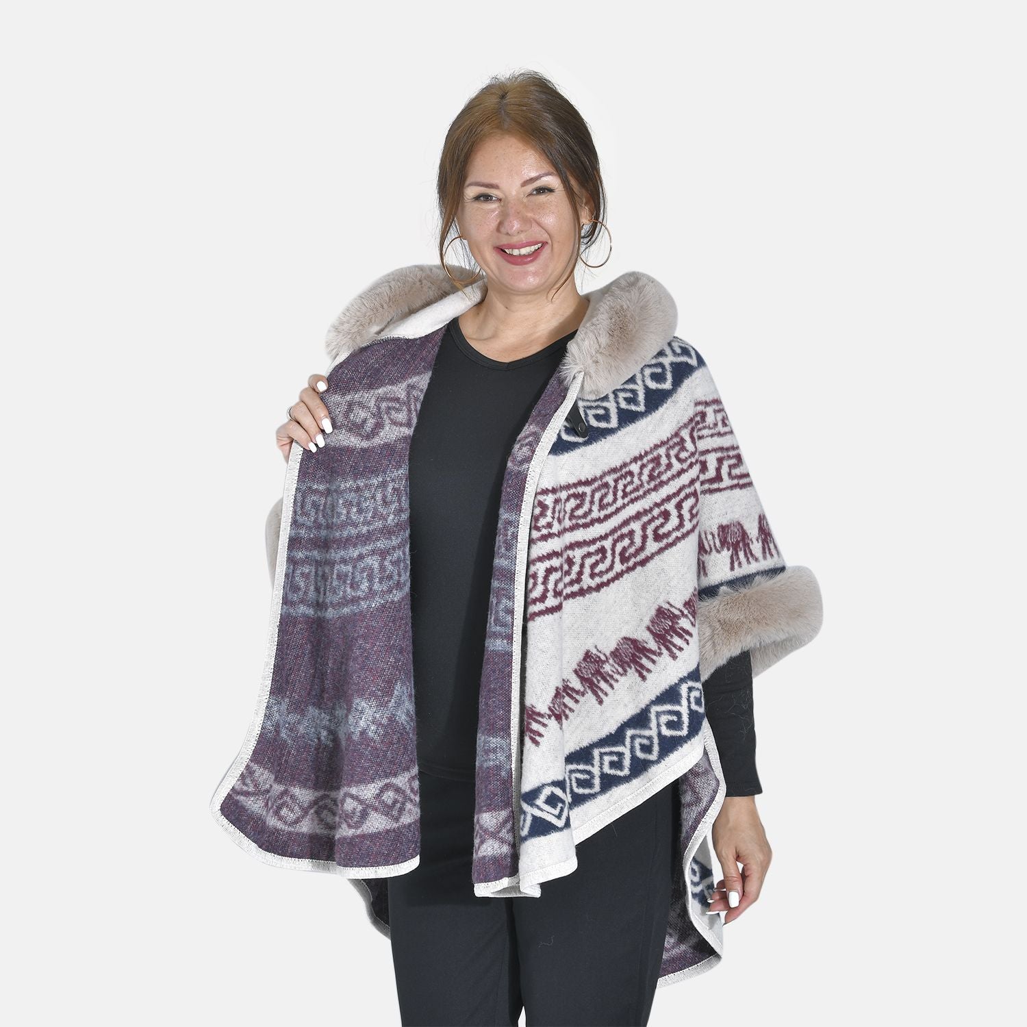 LA MAREY - Kunstfell Poncho mit Kapuze, One Size, 80x110cm, Weiß