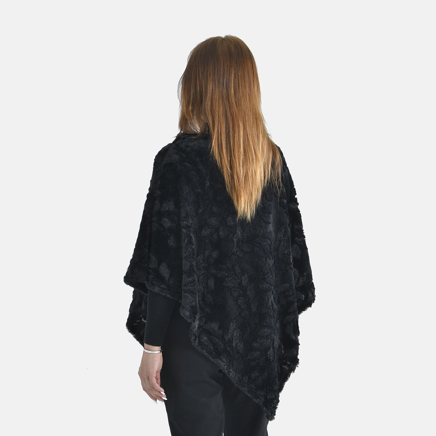 Kunstpelz-Poncho mit Blattmuster, 85x100cm, Schwarz