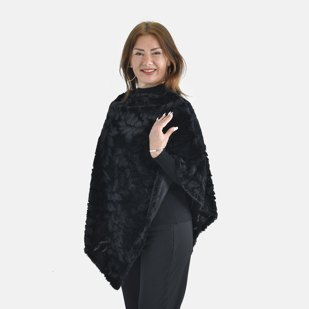 Kunstpelz-Poncho mit Blattmuster, 85x100cm, Schwarz