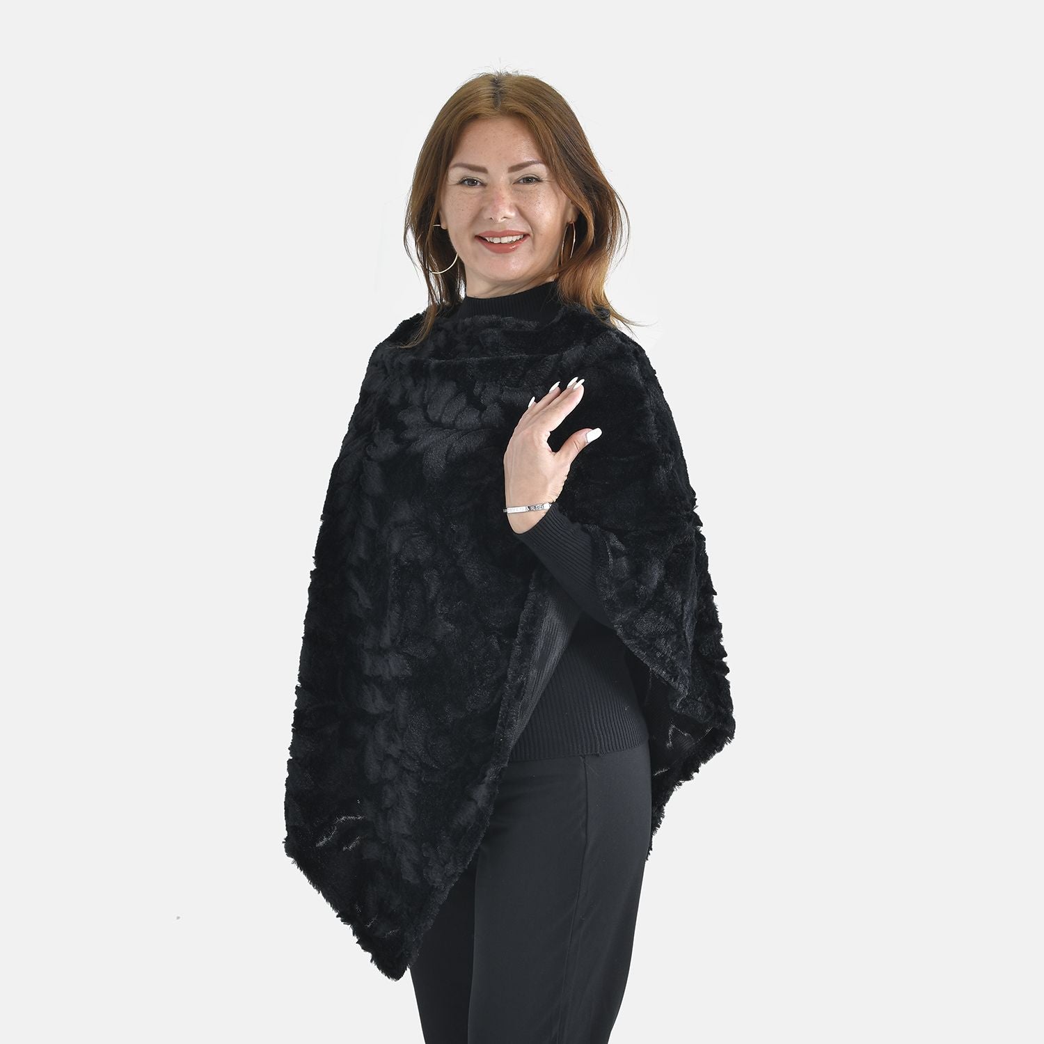Kunstpelz-Poncho mit Blattmuster, 85x100cm, Schwarz