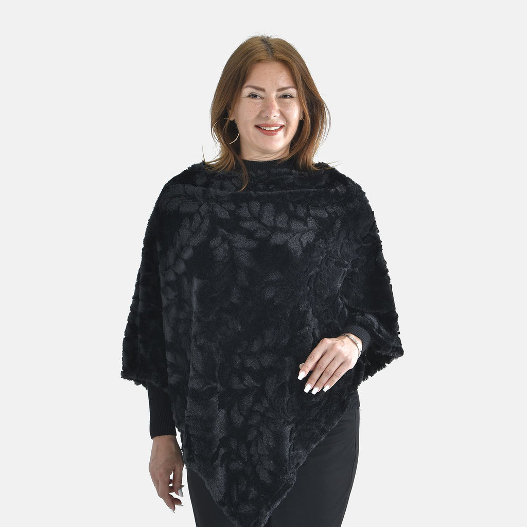 Kunstpelz-Poncho mit Blattmuster, 85x100cm, Schwarz