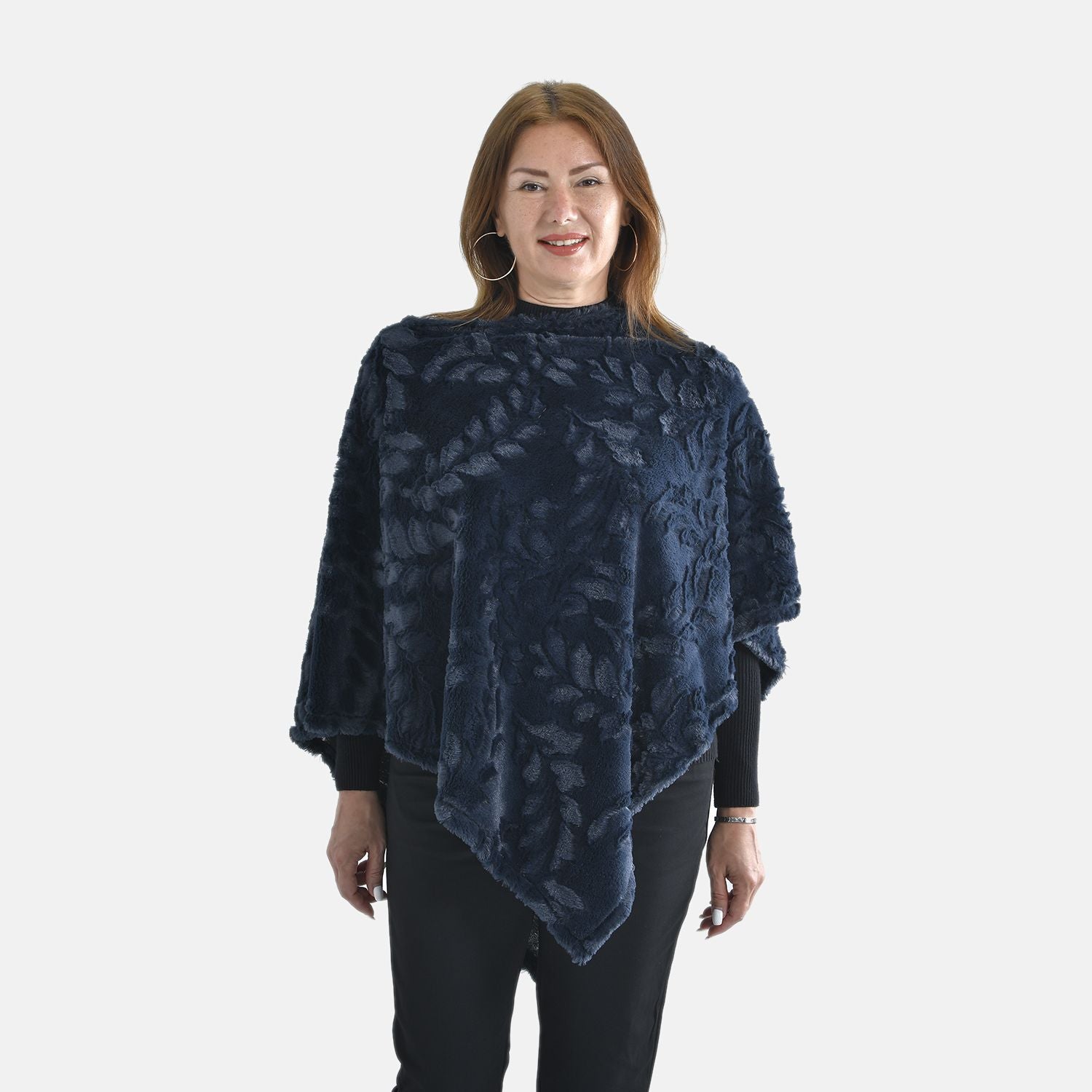 Kunstpelz-Poncho mit Blattmuster, 85x100cm, Marineblau