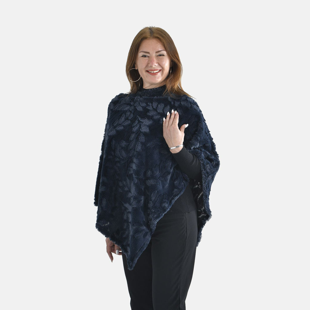 Kunstpelz-Poncho mit Blattmuster, 85x100cm, Marineblau