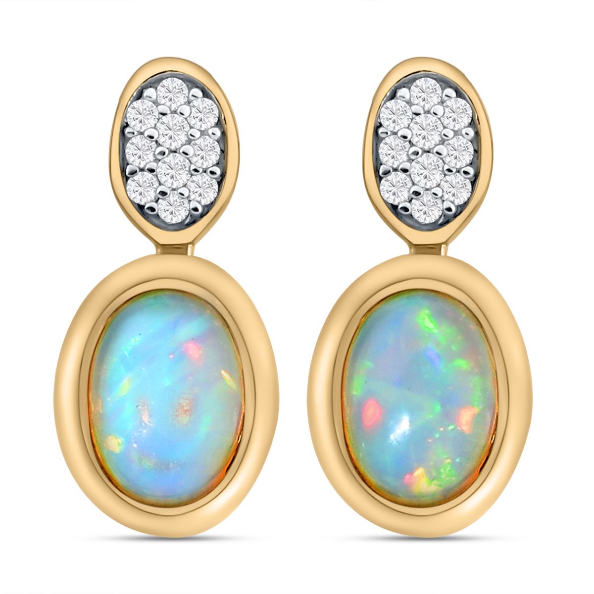 Natürliche, äthiopische Opal und weiße Zirkon-Ohrringe, 925 Silber vergoldet ca. 1,13 ct