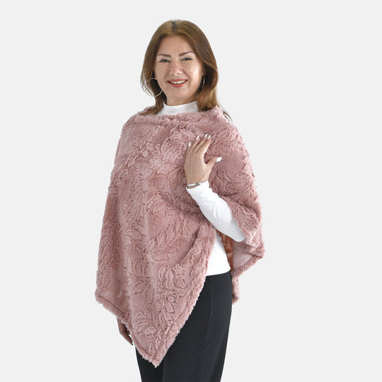 Kunstpelz-Poncho mit Blattmuster, 85x100cm, Rosa