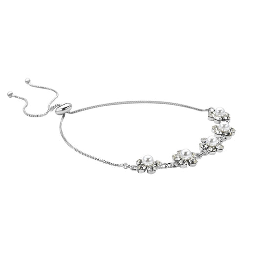 Weißes Glasperlen und Zirkonia flexibles Armband, Messing