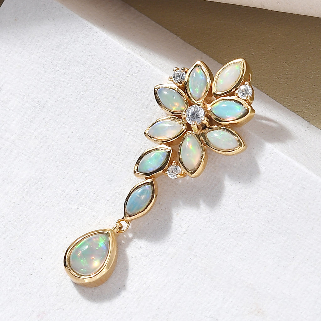 Natürlicher, äthiopischer Opal und weißer Zirkon-Anhänger, 925 Silber vergoldet ca. 1,76 ct