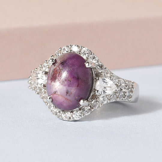 Sternrubin und weißer Zirkon-Ring, 925 Silber platiniert (Größe 21.00) ca. 8.48 ct
