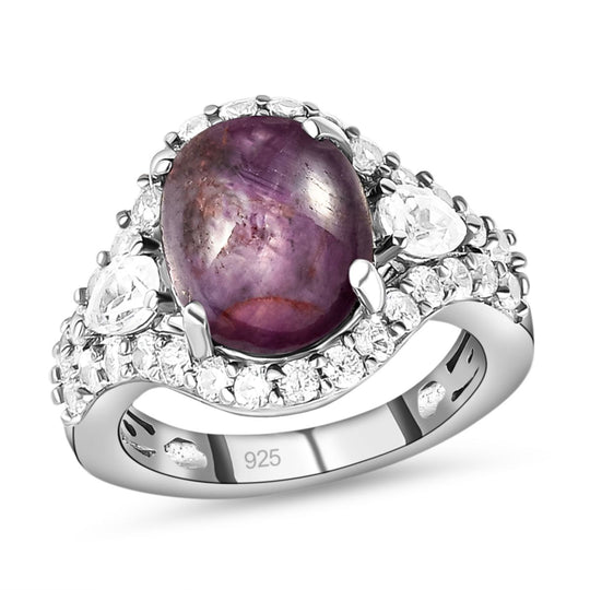 Sternrubin und weißer Zirkon-Ring, 925 Silber platiniert (Größe 21.00) ca. 8.48 ct