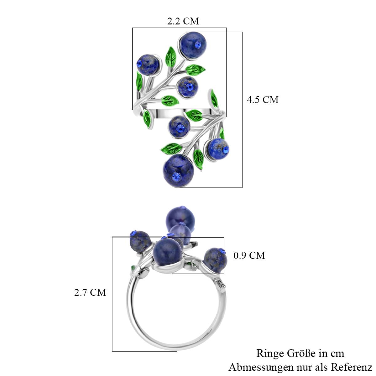 Lapislazuli und blauer Kristall-Ring, reines Messing (Größe 16.50)