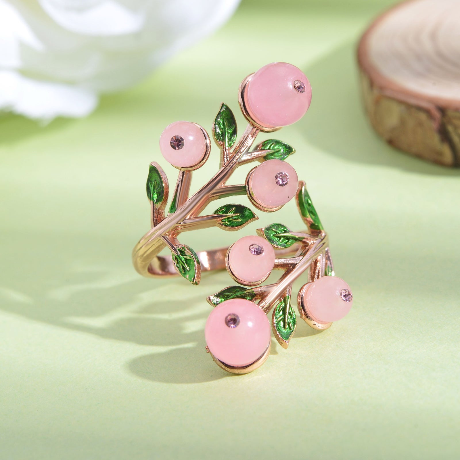 Rosenquarz und rosa Kristall-Ring, reines Messing (Größe 16.50)