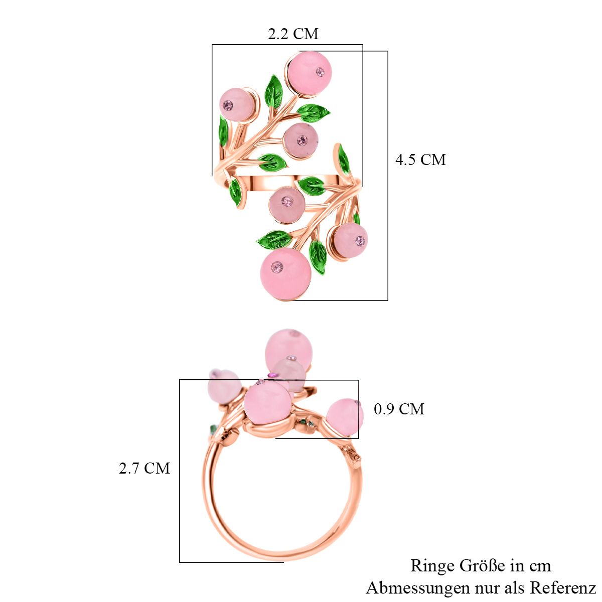 Rosenquarz und rosa Kristall-Ring, reines Messing (Größe 16.50)