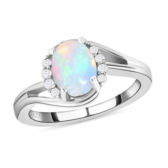 Natürlicher, äthiopischer Opal und weißer Zirkon-Ring, 925 Silber platiniert ca. 1,01 ct