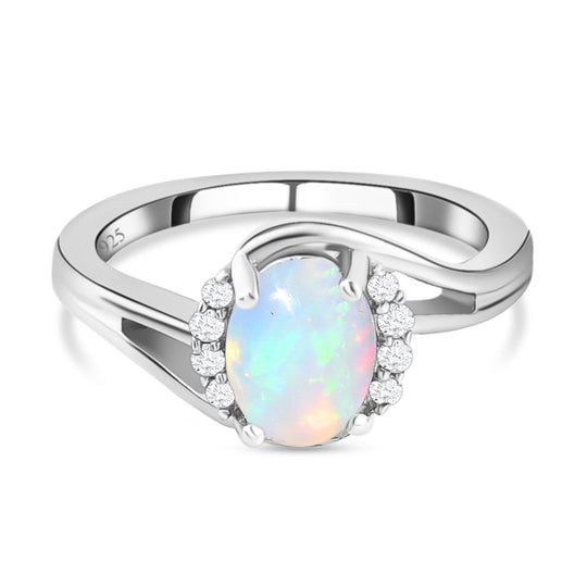 Natürlicher, äthiopischer Opal und weißer Zirkon-Ring, 925 Silber platiniert ca. 1,01 ct