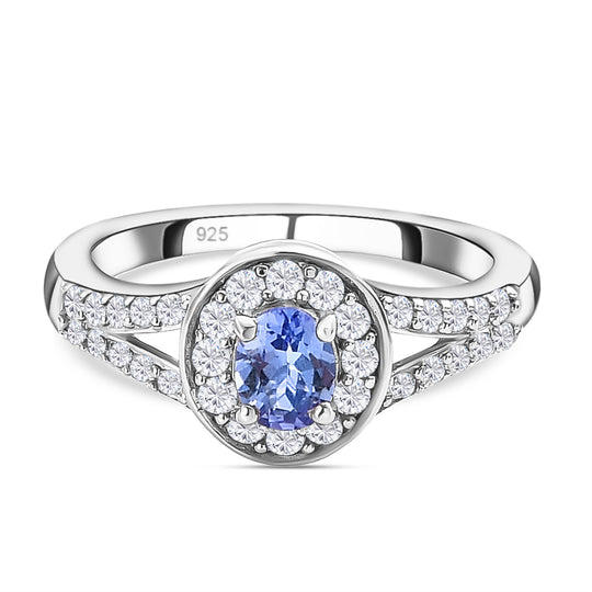 Tansanit und weißer Zirkon-Ring, 925 Silber platiniert ca. 0,84 ct