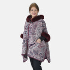 LA MAREY - Kunstfell Poncho mit Kapuze, One Size, 80x110cm, Burgund
