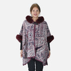 LA MAREY - Kunstfell Poncho mit Kapuze, One Size, 80x110cm, Burgund
