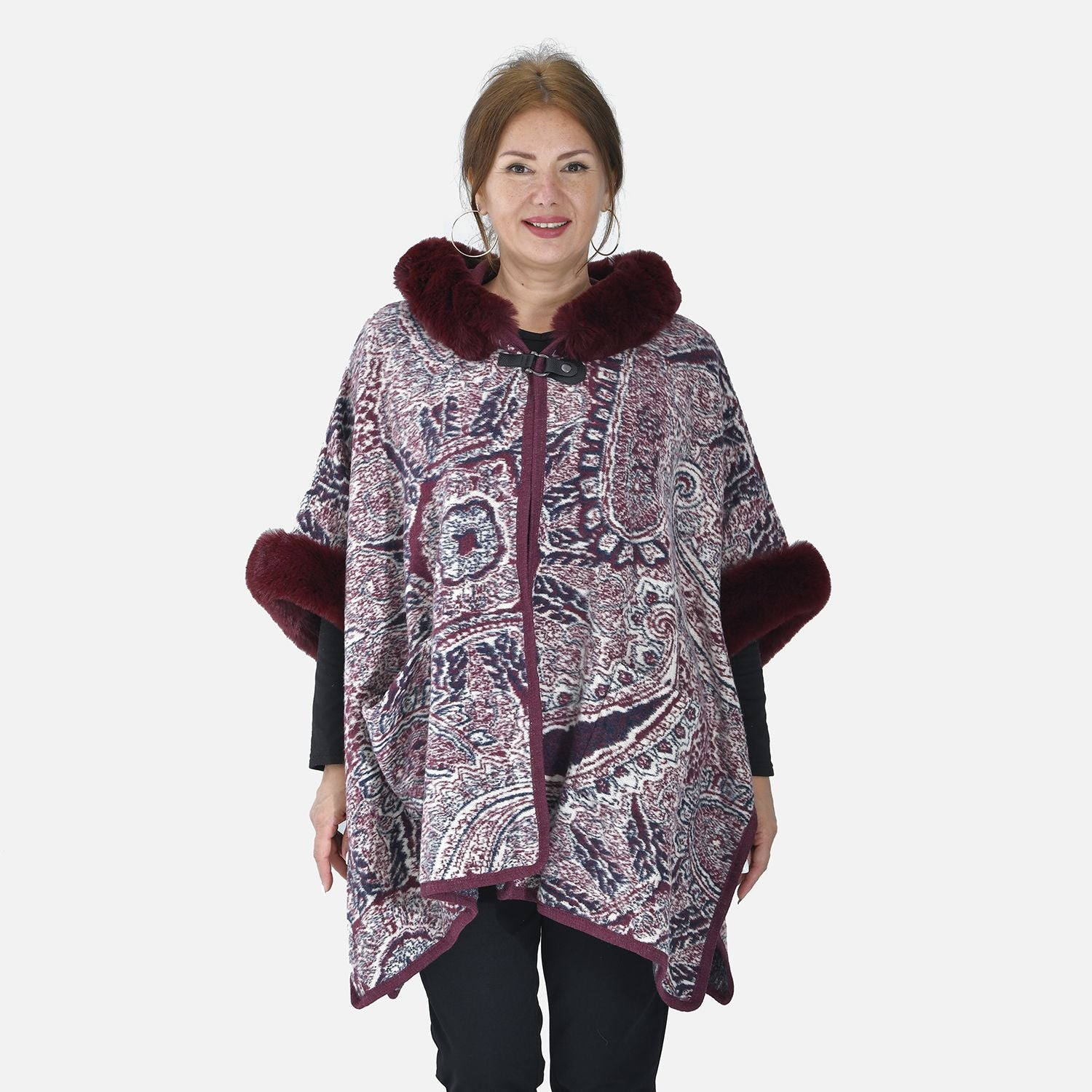 LA MAREY - Kunstfell Poncho mit Kapuze, One Size, 80x110cm, Burgund