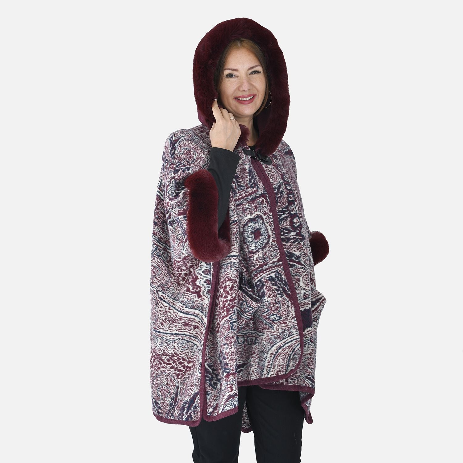 LA MAREY - Kunstfell Poncho mit Kapuze, One Size, 80x110cm, Burgund