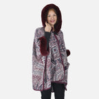 LA MAREY - Kunstfell Poncho mit Kapuze, One Size, 80x110cm, Burgund