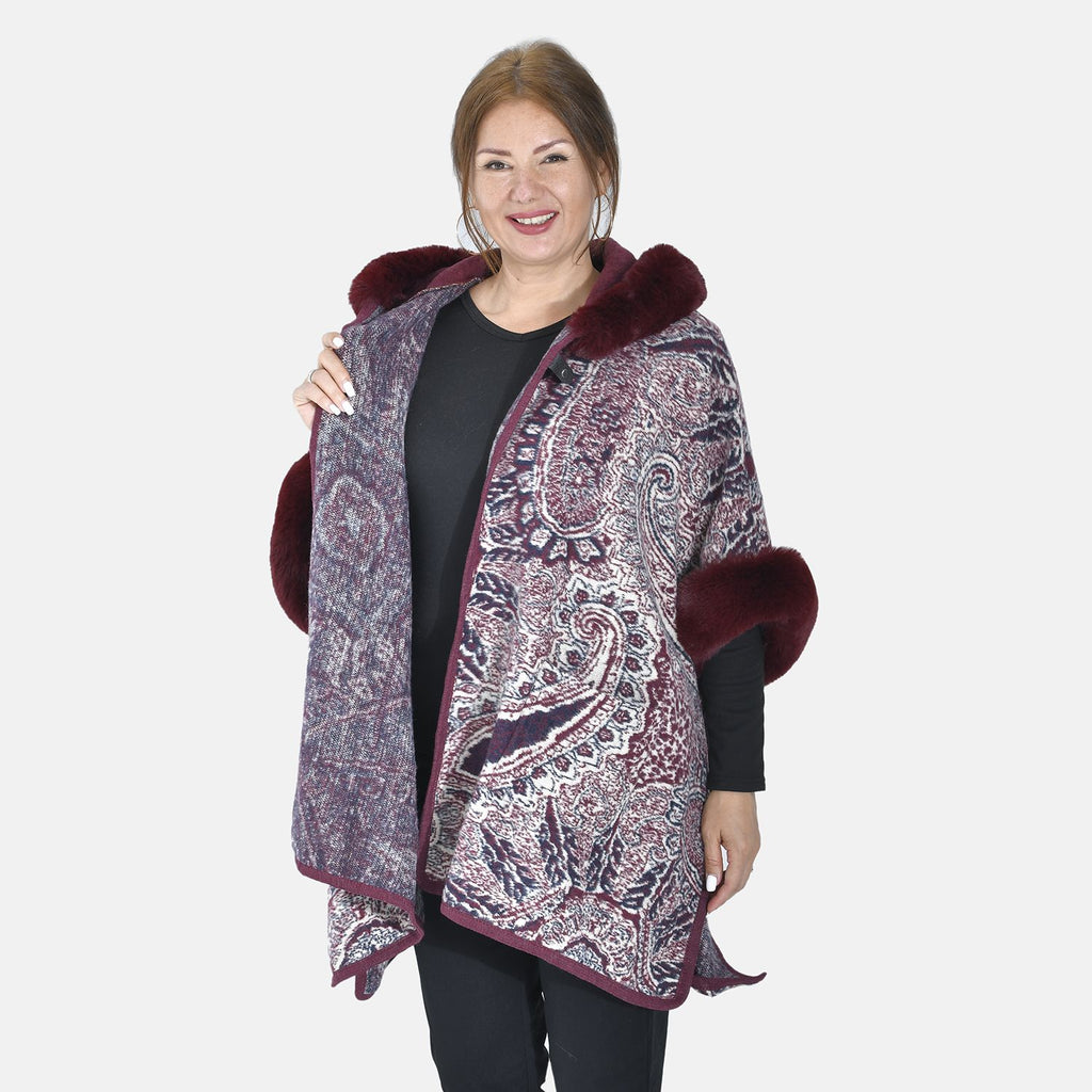 LA MAREY - Kunstfell Poncho mit Kapuze, One Size, 80x110cm, Burgund