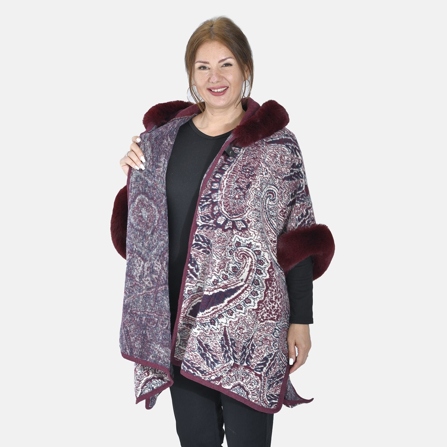 LA MAREY - Kunstfell Poncho mit Kapuze, One Size, 80x110cm, Burgund