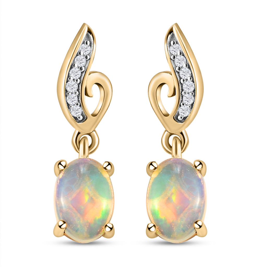 Natürliche, äthiopische Opal und weiße Zirkon-Ohrringe, 925 Silber vergoldet ca. 1,34 ct