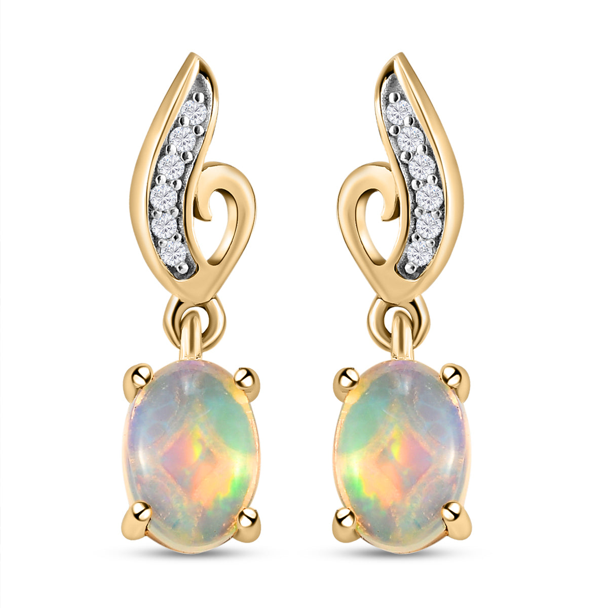 Natürliche, äthiopische Opal und weiße Zirkon-Ohrringe, 925 Silber vergoldet ca. 1,34 ct