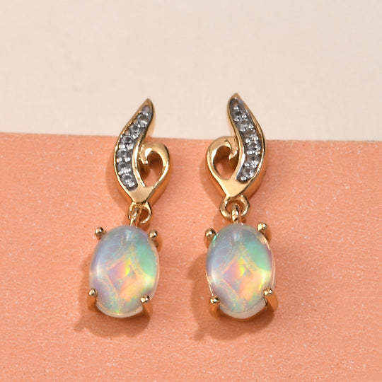 Natürliche, äthiopische Opal und weiße Zirkon-Ohrringe, 925 Silber vergoldet ca. 1,34 ct