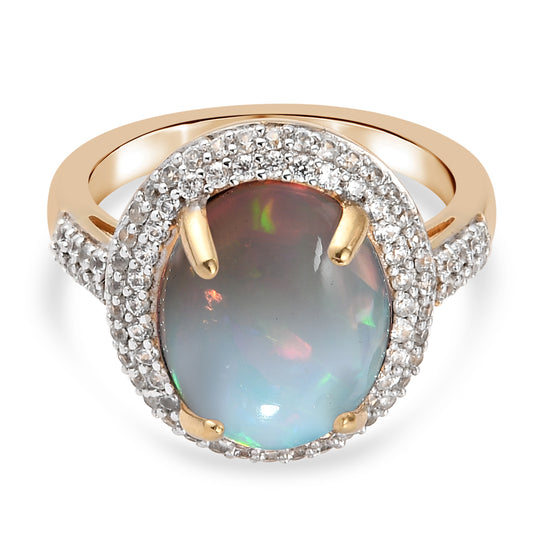 Natürlicher, äthiopischer Opal und Zirkon-Ring, 925 Silber Gelbgold Vermeil (Größe 17.00) ca. 4.08 ct