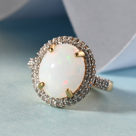 Natürlicher, äthiopischer Opal und Zirkon-Ring, 925 Silber Gelbgold Vermeil (Größe 17.00) ca. 4.08 ct