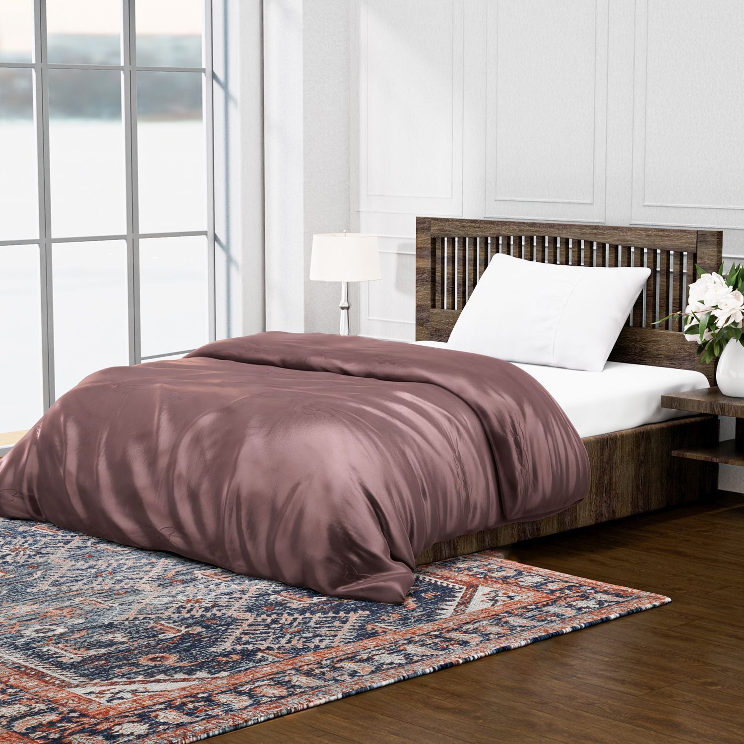 Serenity Night - 100% Maulbeerseide Sommerseidendecke mit Seidenfüllung Daunenkissen und Seidenkissenbezug Mauve